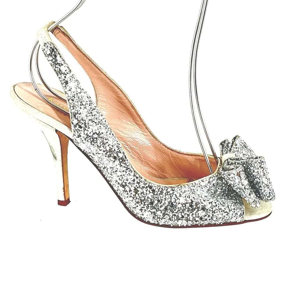Kate Spade New York‎ Size 5 Silver Glitter Bow Slingback Heels Weddding Bridal